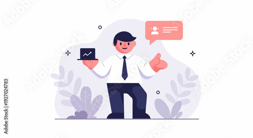 A stylized man in a suit holds a laptop displaying a graph and gives a thumbs up