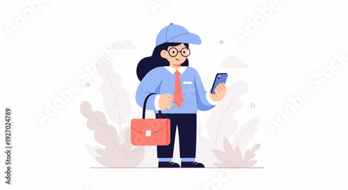 A person in a blue shirt, cap, and tie looks at their phone, holding a satchel