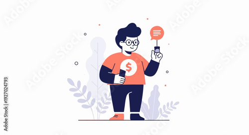 Person in orange shirt with dollar sign, holding phone and speaking bubble