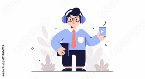Cheerful person with headphones and drink, holding a folder
