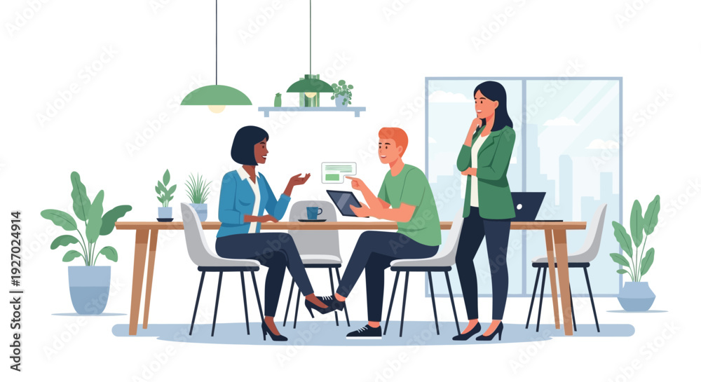 Fototapeta premium Diverse team collaborating in modern office meeting room.