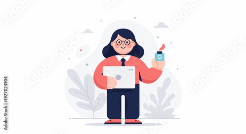 Person with laptop and inkwell, surrounded by abstract shapes and plants