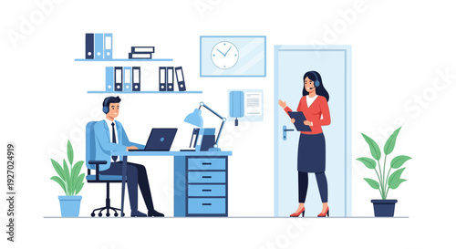 Man working on laptop while woman holds clipboard.