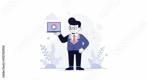 Animated man in a suit presents a laptop with a play button, surrounded by decorative plants and clouds