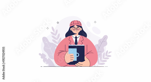 A person in a pink jacket and cap holds a book and blue mug, surrounded by stylized plants