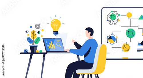 Man working on laptop with bright idea bulb above.