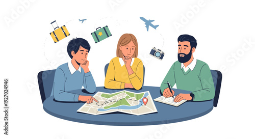 Family Planning Vacation Trip Together Around Table.