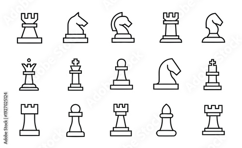 Collection of chess piece icons featuring king, queen, rook, bishop, knight and pawn for board game strategy and tabletop entertainment, outline graphics.