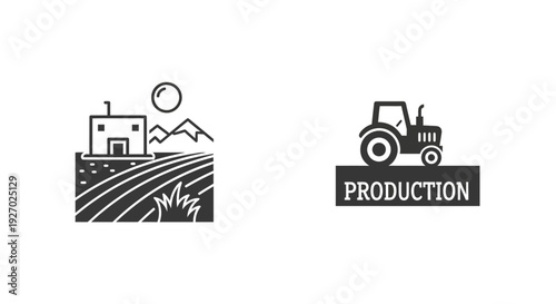 Farm Production Tractor and Field Icon Set.