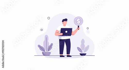 Man holding laptop and dollar sign on stick