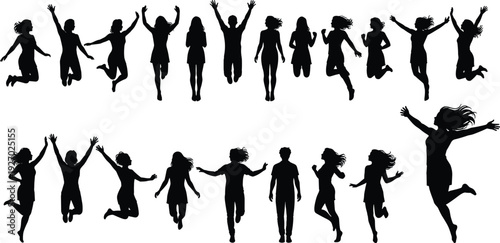 Jumping people silhouettes collection with men and women celebrating happiness and freedom, black joyful human figures isolated on white