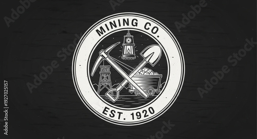 Vintage Mining Company Logo Depicting Tools and Establishment Year.