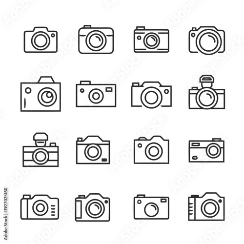 Camera icons: various types of cameras, lenses, photography equipment. Digital, analog, vintage, modern cameras. Recording, shooting, capturing moments, clean design.