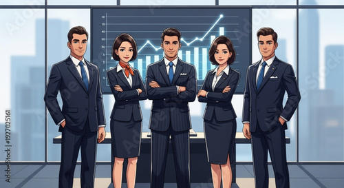Confident business team standing in modern office with graph