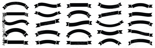 Collection of diverse black ribbon banners and labels in various shapes and styles, perfect for design elements, titles, and decorative accents in graphic projects