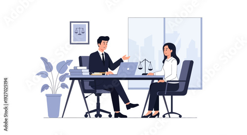 Lawyer and client discussing legal matters in office.