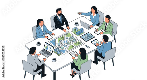 Diverse Team Collaborating Around a Table with City Planning Model.