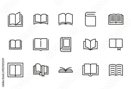 Collection of open and closed book icons. Simple linear illustrations representing literature, education, reading, knowledge, and information in libraries or study.