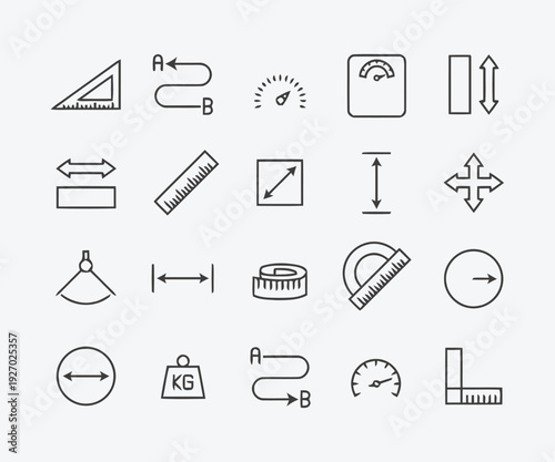 Collection of line icons representing measurement tools like rulers scales and tape measures for design and engineering projects on isolated background