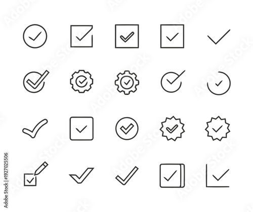 Diverse check mark icons and symbols flat design vector set for confirmation success validation and approval illustration elements