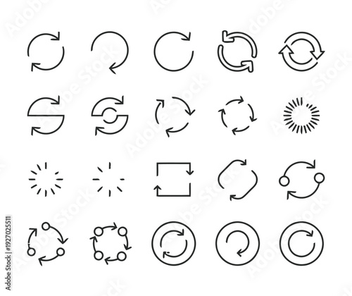 Diverse array of refresh and reload icons in outline vector style, depicting circular arrows, loading spinners, and repetitive actions for interface elements