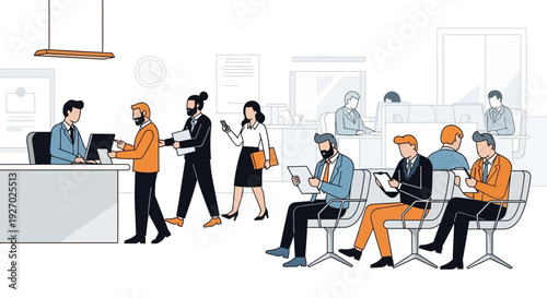 Diverse group of people in a modern office waiting area.