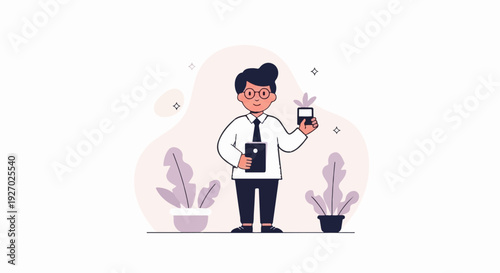 Cheerful person in a white shirt and tie, holding a tablet and small plant