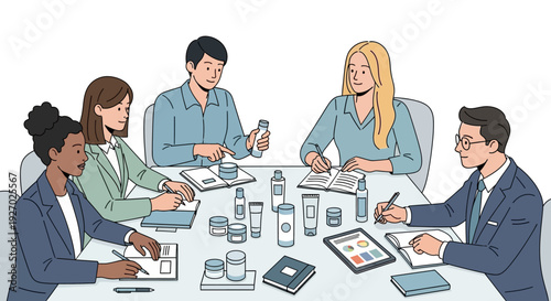Diverse team collaborating around a table with product samples.