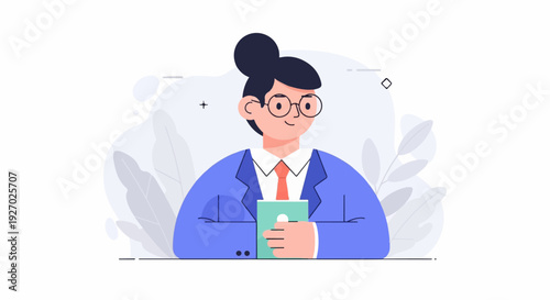 Cartoon woman in a blue suit and glasses holding a book with a subtle background