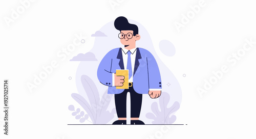 Stylized person in suit holding a yellow object, with abstract background