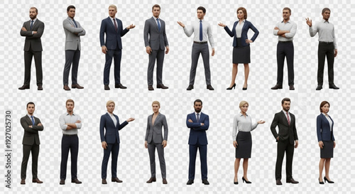 Diverse group of business professionals in various poses and attire