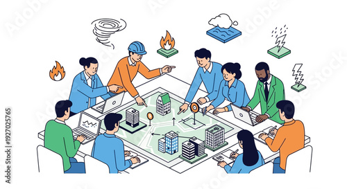Diverse team collaborating around a table with technology and disaster icons.