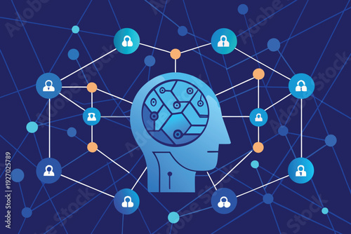 A vector graphic illustration of a human head with a network of connections and locks