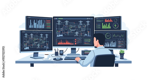 Man working on multiple computer screens displaying data.
