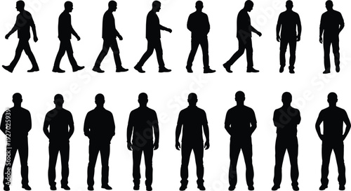 Man silhouette collection showing walking sequence and standing poses, black male figures set, movement, lifestyle and urban concepts