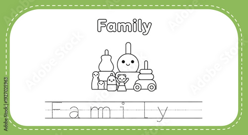 Family toys coloring page for kids activity book
