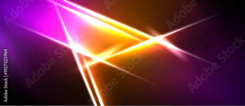Abstract vibrant lines intersect. Bright orange, purple hues dominate dark background. Dynamic energy radiates from central point.