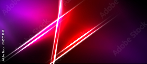 Abstract background features vibrant pink, red gradients. Diagonal lines intersect creating dynamic visual effect. Dark areas contrast bright illumination.