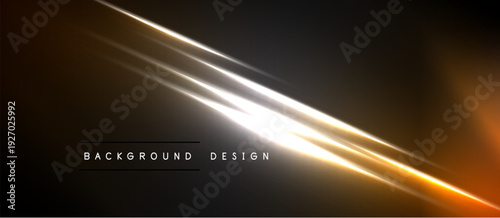 Dark backdrop features bright diagonal lines. Golden, white light creates dynamic visual effect. Minimalist design with text overlay.