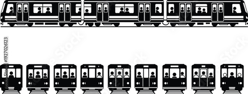 Metro train silhouette collection with subway cars and front views, urban public transportation icons set, city travel and commute concepts