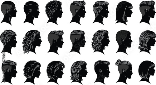 Men and women head silhouette profiles with modern hairstyles, black human face side view collection isolated on white background