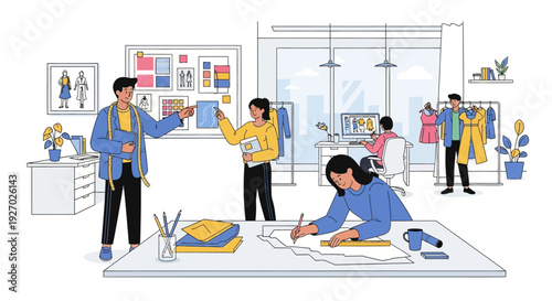 Fashion designers collaborating in a modern studio environment.