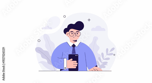 A man in a blue shirt and tie, wearing glasses, holds a black smartphone