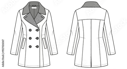 Illustration of a womans white doublebreasted coat with buttons and pockets