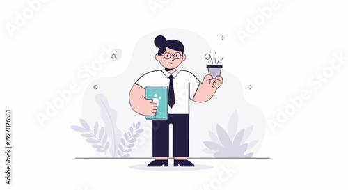 Animated figure in office attire holds a book and cup, against a backdrop of stylized plants and abstract shapes