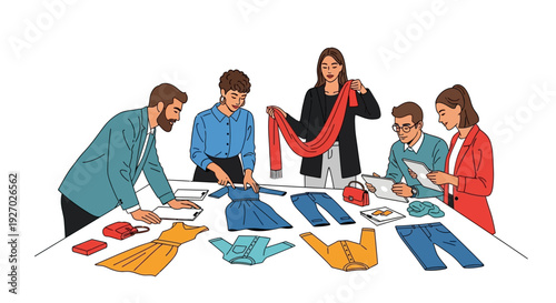 Fashion designers collaborating on new clothing line.