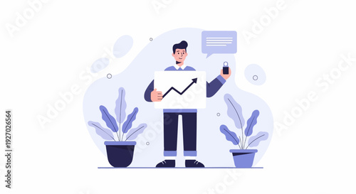 A man holds a board with an upward trending graph and a padlock icon in front of potted plants