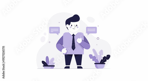 Cheerful businessman with plants and chat bubbles, flat illustration