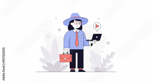 Professional person with a hat, glasses, laptop, and briefcase in a minimalist style