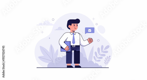 Cheerful businessman holds a folder and receives a notification